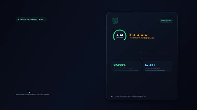 Emerald green trust gauge with verified stamp and moving metric dial on dark background, clean business validation motion graphic with Open Copy Space Area for branding, data, or promotional text