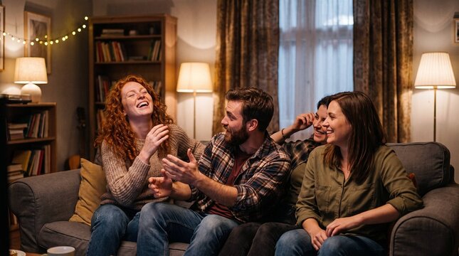 Friends Laughing Together in Cozy Living Room at Night