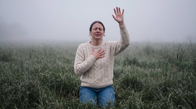 Emotional Woman with Raised Hand Praying in Foggy Field