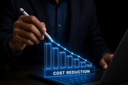 Businessman using a pen to point at a glowing digital bar chart showing cost reduction