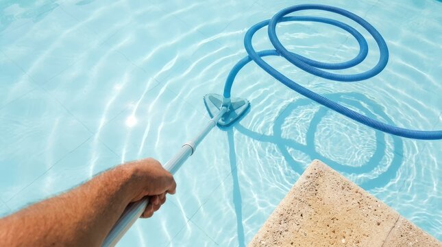 Man cleaning blue swimming pool water with manual vacuum cleaner brush on metal pole under bright summer sunlight.