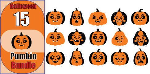 Obraz premium Set of fifteen cute cartoon pumpkin faces with various expressions for halloween decoration and festive graphic design projects
