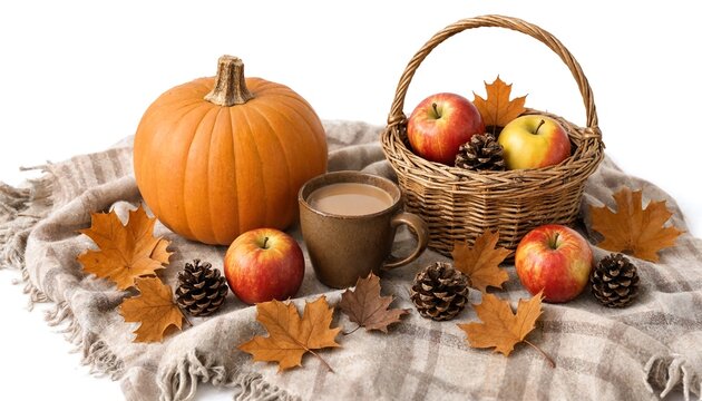 Autumn still life with pumpkin coffee mug apples in basket and fall leaves on a cozy blanket