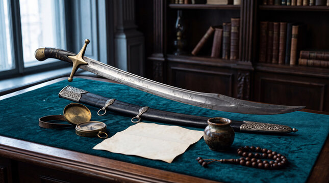 Traditional saber sword with scabbard and vintage accessories on a teal tablecloth inside a study scabbard historical traditional document navigation bookshelf interior heritage artifact