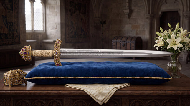 Medieval broadsword resting on a blue velvet pillow inside ancient castle hall with medieval broadsword historic heritage antiquity artifact treasure interior detailing