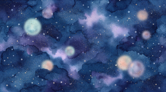 Abstract watercolor galaxy background with soft blue and purple clouds, glowing planets, and scattered golden stars in a dreamy night sky
