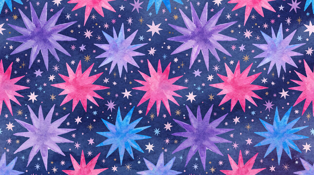 Seamless pattern with watercolor handpainted stars in pink, purple, and blue on a dark blue starry night background