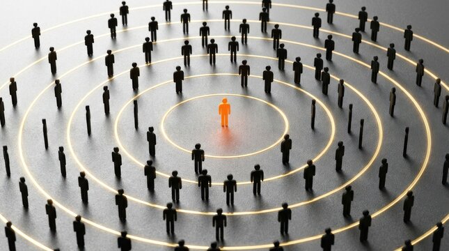 Orange 3d render human in center of concentric circles illustration, unique individual standing out from crowd.