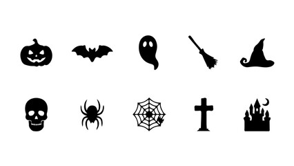 Fototapeta premium Black silhouettes of halloween symbols arranged in grid pattern