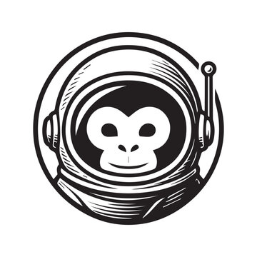 Stylized black and white illustration of a monkey wearing an astronaut space helmet.