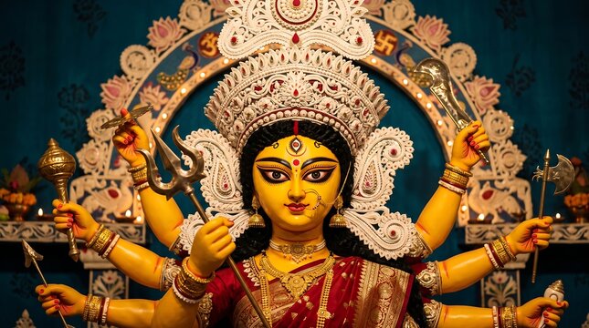 High-Resolution Photo of Traditional Durga Puja Devi Face with Ornate Shola Pith Crown