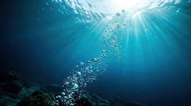 Air bubbles rising through deep blue clear ocean water towards the bright surface light