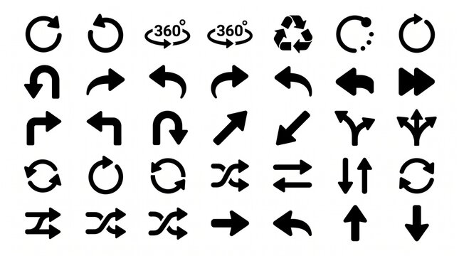 Collection of bold black navigation and refresh icons featuring circular arrows, return symbols, directional turns, rotation, swapping, reversing, and geometric arrow shapes.