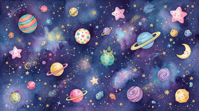 Watercolor space background with cute planets, stars, and moons, whimsical cosmic illustration for kids nursery decor and celestial patterns