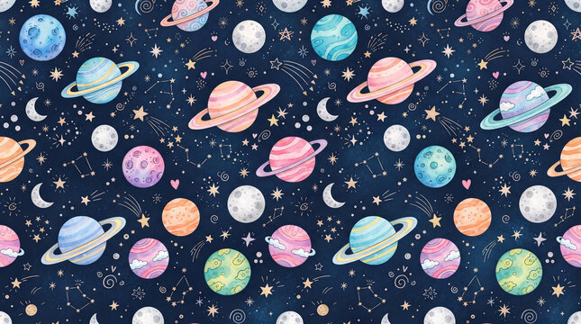 Seamless pattern with watercolor planets, stars, and moons on a dark blue space background, cute celestial design for kids and nursery decor