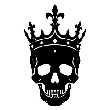 Gothic human skull wearing a royal king crown with cross jewel, black silhouette vector icon for dark death, rock, metal, biker, tattoo, Halloween and emblem designs.