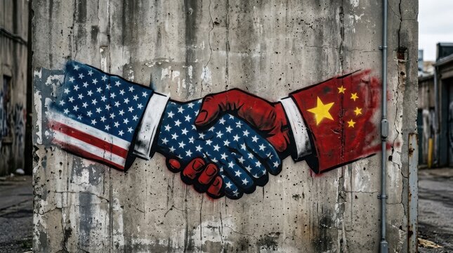 Geopolitical handshake between united states and china flags represented in stencil graffiti on urban wall.