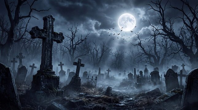 Halloween graveyard silhouette with tombstones and spooky cemetery scenery, dark abstract background for horror and Halloween concepts
