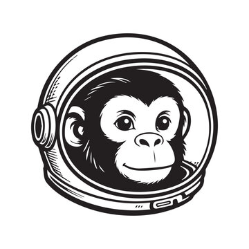 Black and white illustration of a cute monkey wearing an astronaut space helmet.