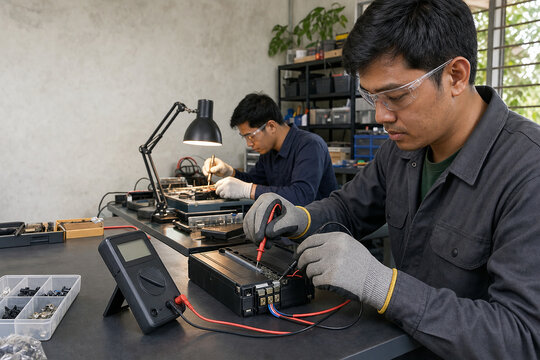 Technicians testing a removable battery pack in an electronics repair