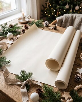 Christmas Eve preparation scene with a blank parchment scroll and holiday decorations on a wooden table, ideal for festive greetings and crafts