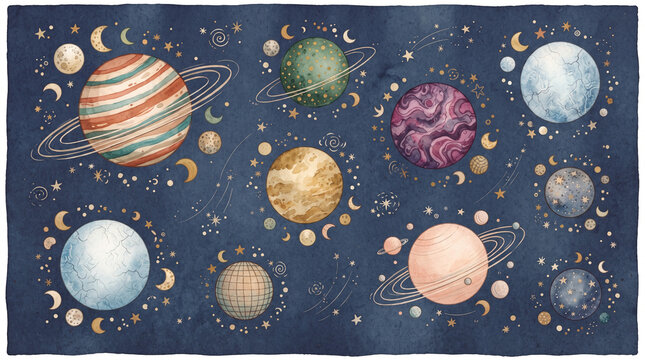 Watercolor illustration of various planets and moons in deep space with stars and crescent moons on a dark blue textured background