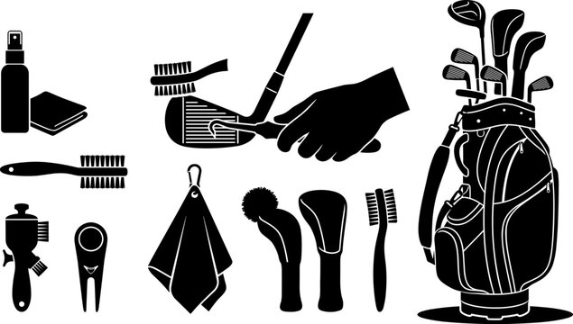 Golf equipment maintenance silhouette vector graphics set featuring clubs, cleaning brushes, towel, and bag