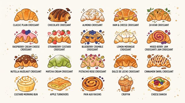 Collection of colorful croissant illustrations featuring plain, filled, chocolate, fruit, cream, and breakfast pastry variations arranged neatly in a playful modern food icon style.