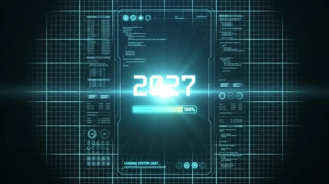 Futuristic 2027 Loading 100 Percent Cyan Neon Cyber HUD Interface with Glowing Digital Grid Background