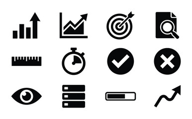 Fototapeta premium Business Icons Set: Growth, Analytics, Target, Document, Ruler, Timer, Checkmark, Cross, Eye, List, Progress Bar, Trend
