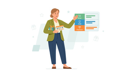 Obraz premium Woman presenting membership tiers with gifts and benefits, vector illustration