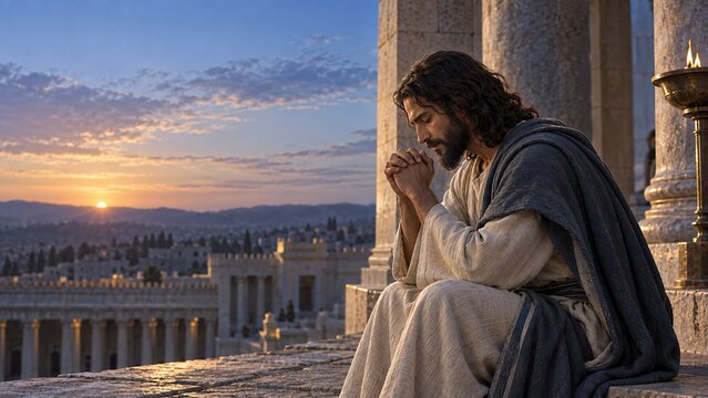 Jesus prays on a temple rooftop at sunset. Ancient columns and city views evoke faith and spiritual reflection. Biblical art for Christian scripture study.