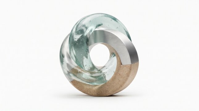 Abstract glass and metal sculpture, twisted mobius ring art piece, modern decorative object with glass and steel textures on white background
