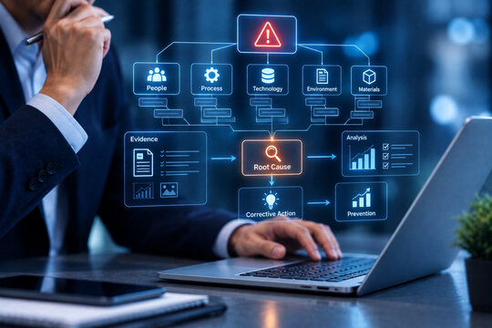 Root cause analysis risk management business technology process data analysis corrective action prevention cyber security Root cause analysis workflow laptop screen business professional reviewing