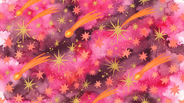 Seamless pattern with watercolor pink and purple nebula background, golden stars and orange comets, magical celestial space illustration for fabric