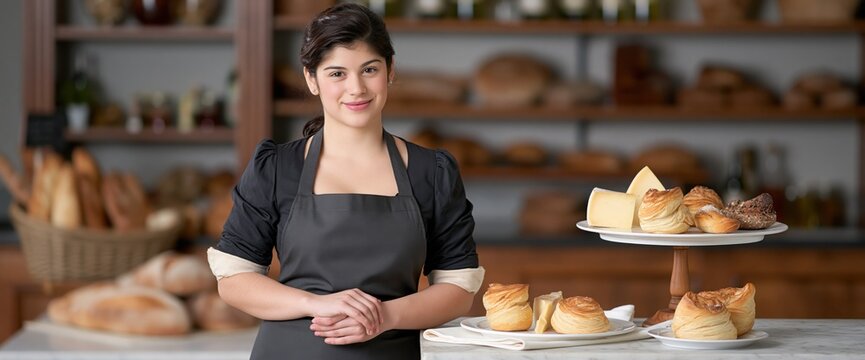 Female baker wearing a black apron stands proudly in a rustic bakery surrounded by freshly baked artisan breads and pastries on display.
