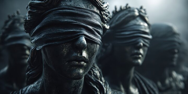 Two blindfolded statues with serene expressions, symbolizing justice or impartiality, shot with a moody, dark atmosphere.