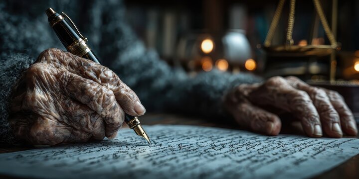 An elderly hand writes with a fountain pen on parchment, evoking a sense of history and timelessness.