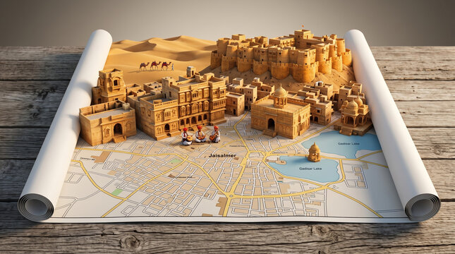 A miniature 3D diorama of Jaisalmer growing out of a street map with rolled edges. Features golden sandstone forts and desert architecture resting on a wooden table.