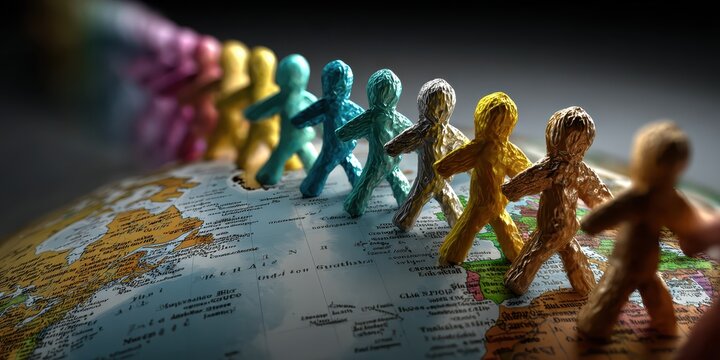 Colorful paper cutout figures hold hands, forming a chain around a globe, symbolizing global unity and cooperation.