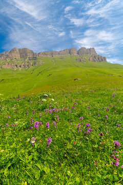 View of Mount Lha in Caucasus mountains at sunny summer day