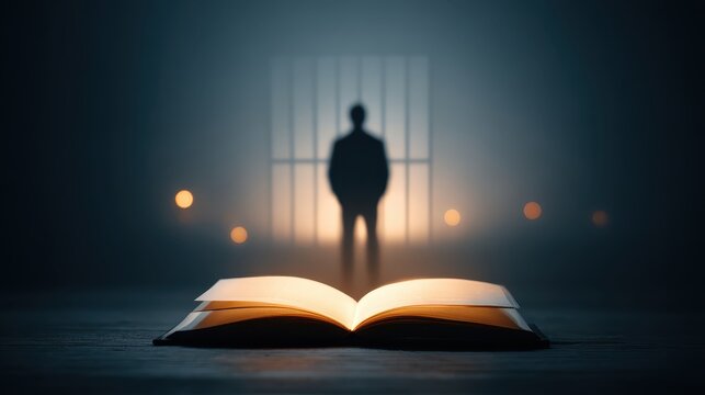 An open book glows in the foreground with a blurred silhouette of a person standing behind bars in a dimly lit, contemplative setting.