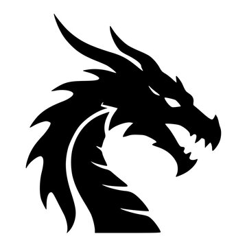 Fierce gothic dragon head with open jaws and sharp horns, black silhouette vector icon for dark fantasy beast, medieval mythology, legend, tattoo, emblem, logo and print designs.