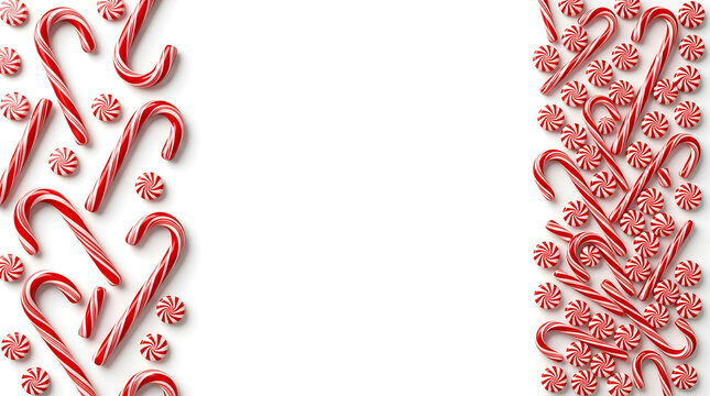 Christmas candy cane border with red and white peppermint candies on a white background with copy space