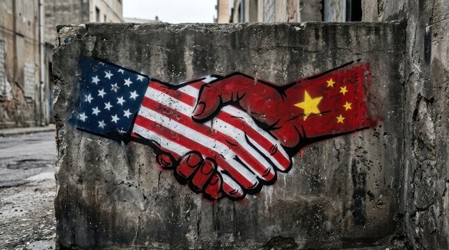 Graffiti art of handshake between United States and China flags on weathered concrete wall for diplomacy concept.