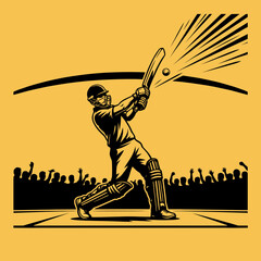 Obraz premium Cricket batsman swings his bat to hit the ball during a competitive match in front of a stadium crowd.