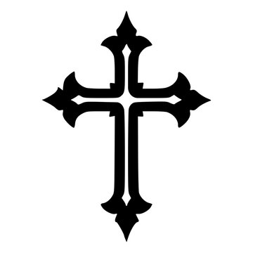 Ornate gothic cross with flared decorative ends, black silhouette vector icon for dark religious faith, crucifix, church, memorial, medieval knight templar, tattoo and emblem designs.