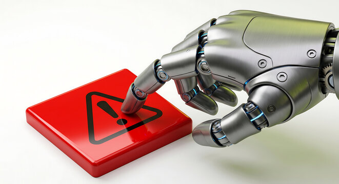 d Robotic hand pressing a red warning control button isolated on white background with space. AI governance, automation risk, critical decisions, safety, compliance, responsible technology concept