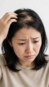 Vertical Authentic lifestyle portrait of a stressed Asian woman examining her scalp for thinning hair, revealing a bald patch from alopecia. Health concept for hair fall and trichology.