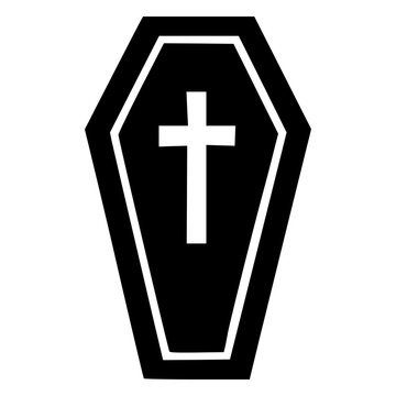Gothic coffin casket with a cross on the lid, black silhouette vector icon for dark funeral burial, vampire Dracula, cemetery grave, death, Halloween, tattoo and sticker designs.